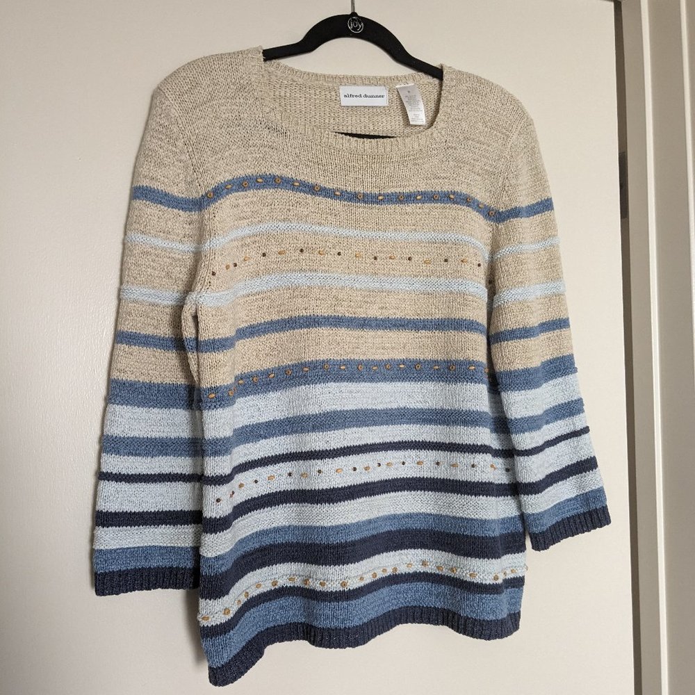 Alfred Dunner Blue and Cream Beachy Beaded Knit Sweater (Size: M)